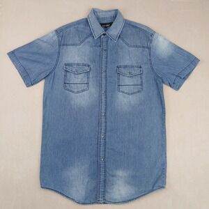 Coastal Medium Mens Shirt Denim Western Pearl Snap‎ Cowboy Short Sleeve 21x29